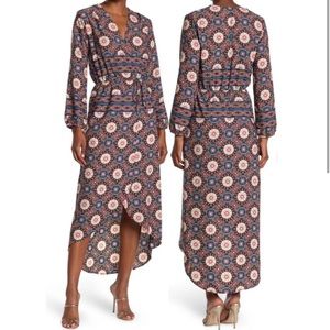 FRAICHE BY J Colorful Medallion Boho Print Faux Wrap High-Low Midi Nadia Dress